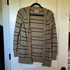 Juicy Couture tan and navy blue striped cardigan